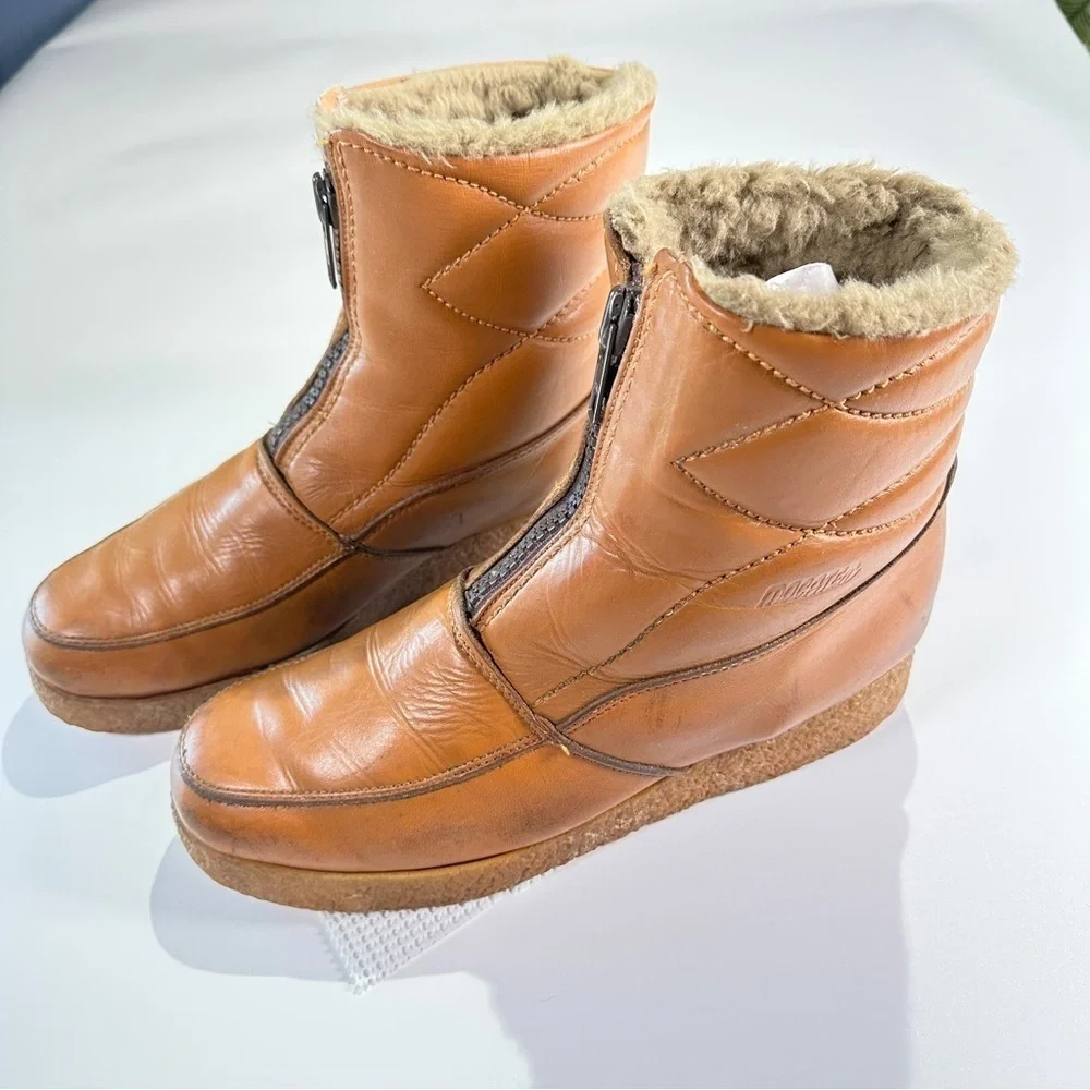 Mocatem Winter Boots Vintage Front Zip Leather Cognac Brown 13E